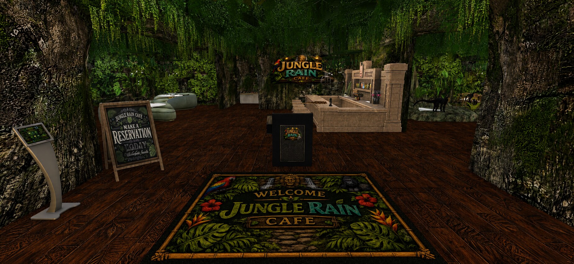 Welcome entrance and host area at Jungle Rain Café